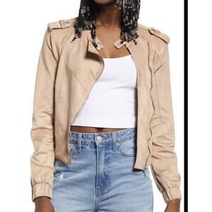 BLANKNYC Women’s Cropped Moto Jacket Beige Bomber Size Medium suede style